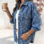 Vintage Heart Jacquard Turn-down Collar Button Front Asymmetrical Hem Jacket Casual Flap Pockets Design Washed Denim Coat