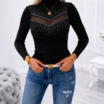Women's Rhinestone Sheer Mesh Spliced Top Mock Neck Long Sleeve Knit Top Sparkly Fitted Pullover