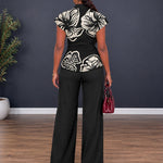 Women's 2 Piece Outfit Floral Print Twist Front V Neck Top and High Waist Wide Leg Pants Set