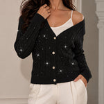 Women's Sequin Cable Knit Cardigan V Neck Button Down Slim Fit Long Sleeve Sweater