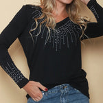 Women's Rhinestone V-Neck Long Sleeve Tee Slim Fit Sparkly Fitted Top