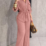 2 Pieces Outfit Vintage Turn-down Collar Roll Up Sleeve Button Front Flap Pocket Design Waist Drawstring Top and Elastic Waist Wide Leg Pants Set Casual Textured Commuting Set