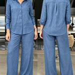 Women's 2 Piece Textured Set Button Down Shirt and Wide Leg Pants Set Casual Loose Lightweight Outfits with Pockets