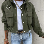 High Neck Zip Up Snap Button Front Flap Pockets Design Cargo Biker Jacket Casual Drawstring Crop Coat