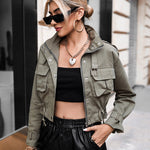 High Neck Zip Up Snap Button Front Flap Pockets Design Cargo Biker Jacket Casual Drawstring Crop Coat