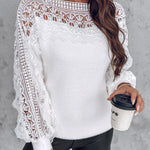 Crewneck Guipure Lace Long Sleeve Hollow Out Knit Sweaters Pullover Tops