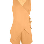 2 Pieces Outfit Plain Wrap V Neck Criss Cross Tied Detail Linen Top and Casual Pockets Patch Shorts Set