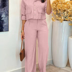 2 Pieces Outfit Turn-down Collar Turn-Up Sleeves Button Front Flap Pockets Design Top and Causal Zipper Fly Elastic Back Waist Wide Leg Pants Set