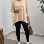 Women's Asymmetric Hem Long Sleeve Top Loose Fit Dropped Shoulder Crewneck Soft Slouchy Casual Tee