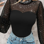 Rhinestone Decor Mock Neck Lantern Sleeve Sheer Mesh Spliced Tee Hollow-out Back Slim Fit Top