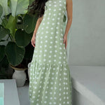 Women's Polka Dot Maxi Dress Casual Sleeveless Lace up Back Vacation Dress Elegant Ruffle Hem Loose A Line Long Sundress
