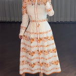 Floral Placement Print Turn-down Collar Puff Sleeve Vacation Dress Casual Button Down Shirt Dress With Belt and Lining
