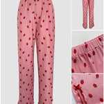 2 Pieces Outfit Bowknot Decor Turn-down Collar V-Neck Top and Elastic Waist Slit Hem Pants Set Casual Strawberry Print Frill Trim Ribbed Pajamas Set