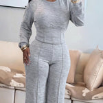 2 Pieces Outfit O-neck Long Sleeve Cinched Waist Sweatshirt and Elastic Waist Wide Leg Pants Set Casual Seam Design Sweatpants Set