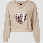 2 Piece Contrast Sequin Heart Pattern V-Neck Sweatshirt Leopard Print Sleeveless Tank Dress Set
