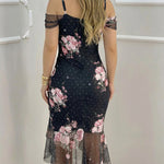 Women's Floral Mesh Slit Dress Rhinestone Pearls Decor Straps Cold Shoulder Ruffle Hem Dress Sexy Bodycon Party Dress