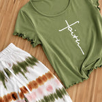 Women's Two Piece Pajama Set Faith Letter Print Short Sleeve Top and Tie Dye Straight Leg Pants Casual Lounge Set