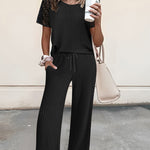 2 Pieces Outfit Round Neck Lace Spliced Short Sleeve Top and Elastic Waist Straight Leg Pants Set Casual Brushed Ribbed Pajamas Set