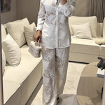 2 Pieces Outfit Jacquard Floral Turn-down Collar Button Front Pockets Design Top and Casual Elastic Back Waist Pants Set With Lining