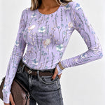 Women's Floral Print Slim Fit Crewneck Long Sleeve Top with Thumbholes