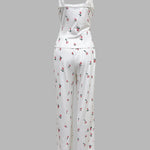 Women's Ditsy Floral Print 2 Piece Pajamas Set Lace Cami Top and Pants Casual Loungewear Bowknot Sleepwear