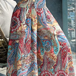 CHICME Women's Vintage Print Wide Leg Pants High Waisted Shirred Waist A-Line Trousers Flowy Boho Vacation Palazzo Pants