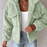 Textured Striped Turn-down Collar Button Front Elastic Cuff and Hem Teddy Fleece Jacket With Decorative Flap Pockets