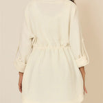 Women's Textured Drawstring Waist Lapel Coat Mid-length Roll Up Sleeve Button Front Trench Jacket