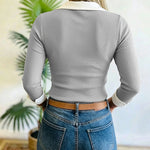 Women's Contrast Lapel Collar Faux Two-Piece Knit Top Long Sleeve Slim Fit Top