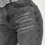Rhinestone Decor High Waist Zipper Fly Skinny Jeans Washed Denim Pants without Belt