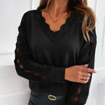 Women's Lace Patchwork V-Neck Top Hollow Out Drop Shoulder Long Sleeve Knit Pullover Elegant Loose Fit Casual Tee