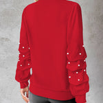 Keyhole Neck Long Sleeve Pullover Top Beaded Hollow Out Blouse Top