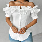 Ruffles Off Shoulder Short Sleeve Button Front Blouse Asymmetrical Hem Top