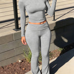 CHICME Women's 2-Piece Rib-Knit Set Long Sleeve Slim Fit Top and High Waist Flare Leggings Solid Lounge Set