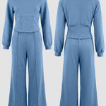 2 Pieces Outfit O-neck Long Sleeve Cinched Waist Sweatshirt and Elastic Waist Wide Leg Pants Set Casual Seam Design Sweatpants Set