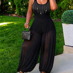 Women's Rhinestone Sleeveless U-Neck Sheer Chiffon Lantern Leg Jumpsuit
