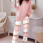 2 Pieces Outfit Letter Print Long Sleeve Top and Tie Dye Print Elastic Waist Pants Set Casual Pajamas Set