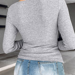 Chicme Built In Bra Notch Neck Long Sleeve Shirts Rib Knit Ruched Waist Top