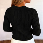 Women's Gold Button Crew Neck Textured Knit Long Sleeve Top