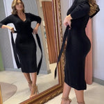 Cable Textured Overlap Deep V-Neck Long Sleeve Mid-Length Dress Tie Waist Slim Fit Knit Dress