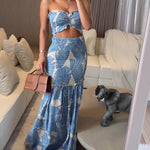 Tropical Print Halter Tie Shirred Frill Trim Cinched Waist Vacation Dress Ruched Cutout Front Slim Fit Ruffle Hem Mermaid Dress