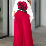 Rose Print Lantern Sleeve Top & Wide Leg Pants Set