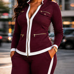 Women's 2 Piece Set Two-Way Zipper Front Stand Collar Top and High Waist Straight Leg Pants Casual Tracksuit