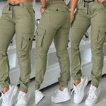 Zipper Fly Drawstring Elastic Back Waist Cuffed Trousers Casual Multiple Flap Pockets Design Cargo Pants
