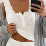 Women's 2-Piece Pajamas Set Lace Trim Henley Neck Tank Top and Shorts Set Casual Loungewear