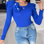 Floral Decor Ruffle Hem Pullover Knit Sweaters Long Sleeve Crewneck Tops