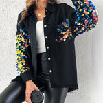 Contrast Sequin Long Sleeve Jacket Top Button Front Raw Hem Loose Fit Shacket