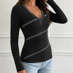 Women's Deep V Neck Rhinestone Top Slim Fit Long Sleeve Ribbed Knit Tee Sparkly Blouse