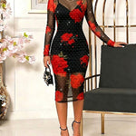 Women's Floral Print Rhinestone Mesh Dress Sexy Long Sleeve Sheer Midi Dress with Adjustable Cami Slip Dress Set