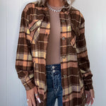 Women's Plaid Long Sleeve Button Down Brushed Shacket Casual Turn-down Collar Coat